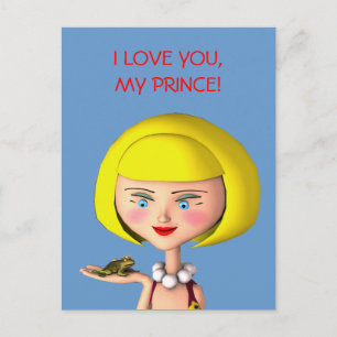Postal Chica feliz con príncipe de rana