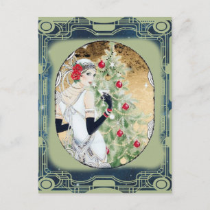 Postal Chica Flapper de Navidad con bebida y árbol