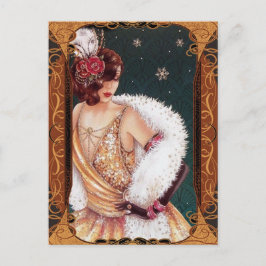 Postal Chica Flapper de Navidad con un vestido dorado bri