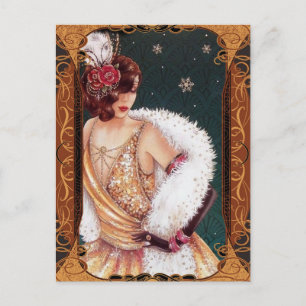Postal Chica Flapper de Navidad con un vestido dorado bri