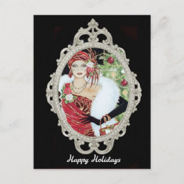 Postal Chica Flapper de Navidad Vestido Rojo y Dorado Des
