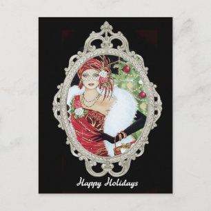 Postal Chica Flapper de Navidad Vestido Rojo y Dorado Des