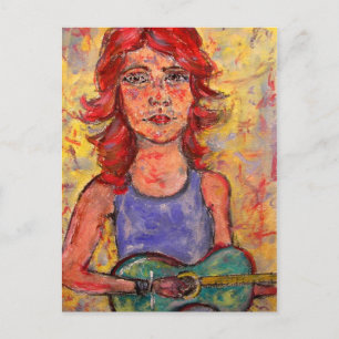 Postal chica folclórico tocando guitarra colorida