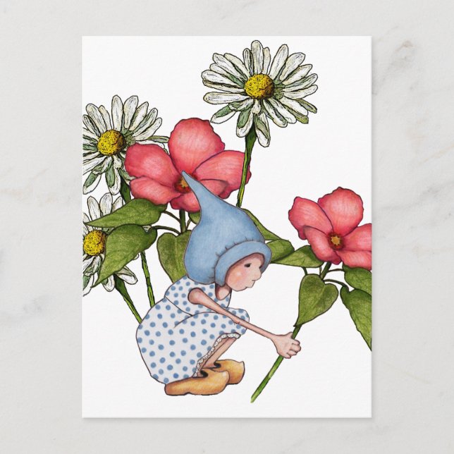 Postal Chica Gnome Picando flores, arte de fantasía (Anverso)