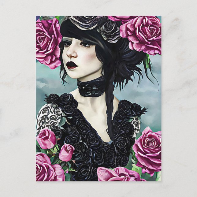 Postal Chica Goth Rose Arte original Pintura digital (Anverso)