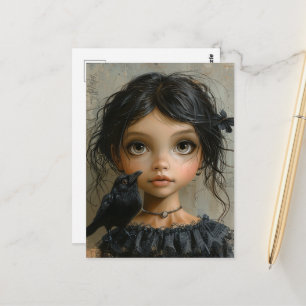 Postal Chica Gótica Adorable con un Pájaro Negro