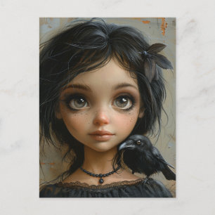 Postal Chica Gótica Adorable y su Pájaro Negro Mascota