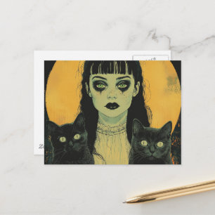 Postal Chica Gótica Con Dos Gatos Negros