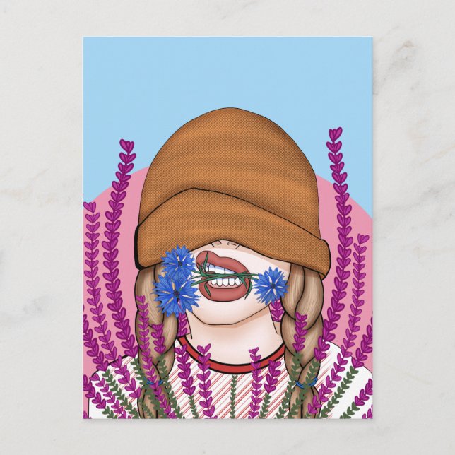 Postal Chica gracioso con flores de maíz en un campo de b (Anverso)