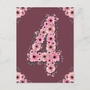 Postal Chica Gran cuarto cumpleaños Flores rosas oliage v
