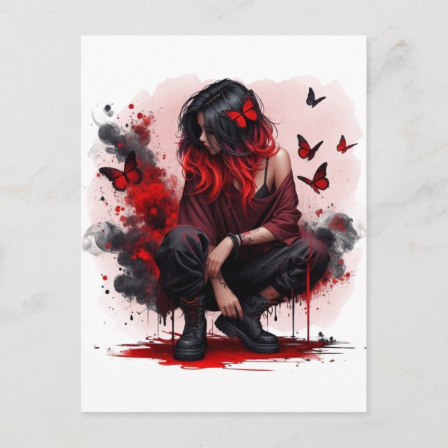 Postal Chica grunge de mariposa roja (Anverso)