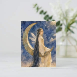 Postal chica hada china en pintura de acuarelas de luna