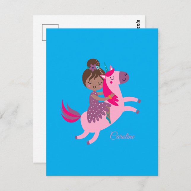 Postal Chica haitiana de brunette en una unicornio (Anverso / Reverso)