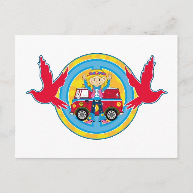 Postal Chica hippie con camioneta Camper y palomas (Anverso)