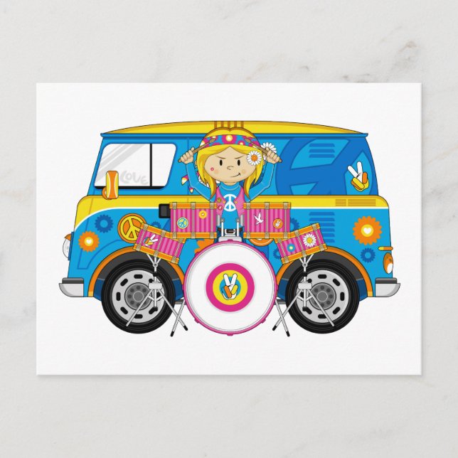 Postal Chica hippie con tambores y camioneta (Anverso)