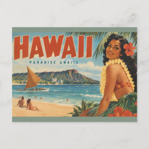 Postal Chica Hula Hawaiana Vintage Escape Aloha Paraíso