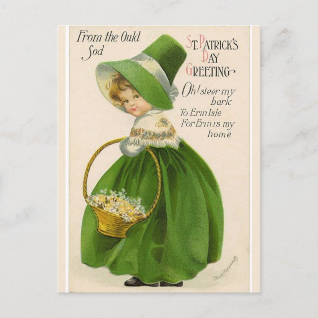 Postal Chica irlandés de época en Gorra verde y abrigo pu (Anverso)