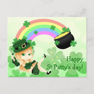 Postal Chica irlandés lindo del leprechaun del chibi con