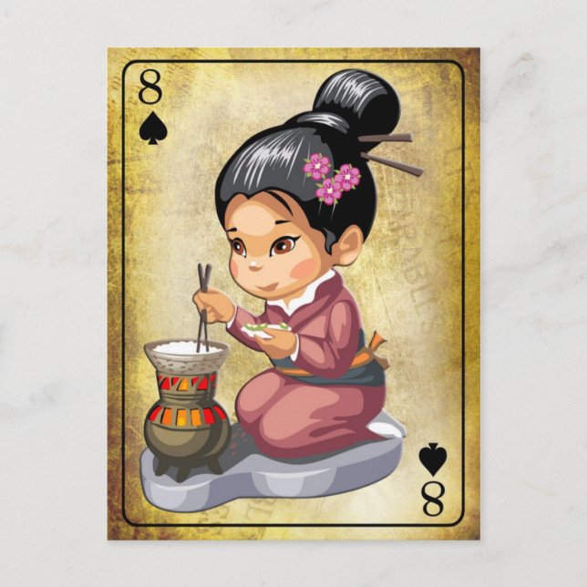 Postal Chica japonés cocina arroz con kimono (Anverso)