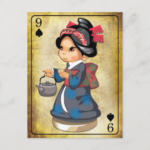Postal Chica japonés en kimono llevando una tetera