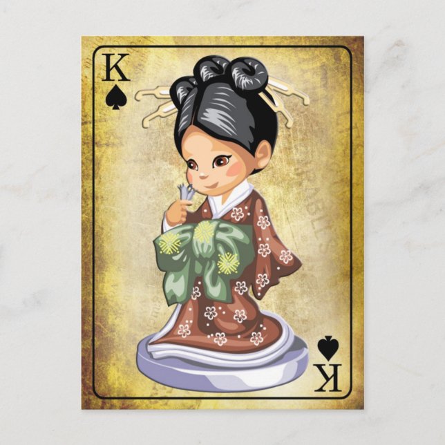 Postal Chica japonés en kimono oliendo una flor (Anverso)