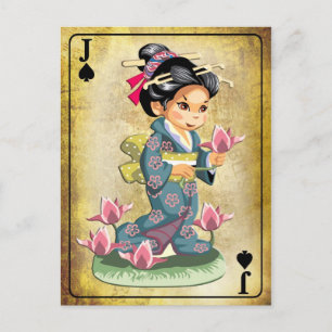 Postal Chica japonés en kimono recogiendo flores de loto