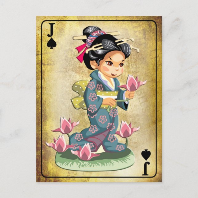 Postal Chica japonés en kimono recogiendo flores de loto (Anverso)