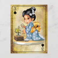 Chica japonés en kimono regando un árbol bonsai