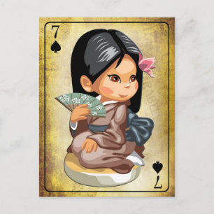 Postal Chica japonés en kimono sosteniendo a un hincha
