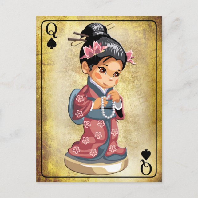 Postal Chica japonés en kimono sosteniendo un collar de p (Anverso)