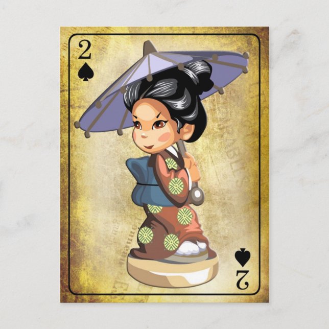 Postal Chica japonés en kimono sosteniendo un paraguas (Anverso)