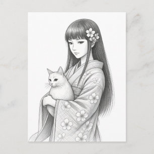 Postal Chica Japonesa con un Gato Blanco