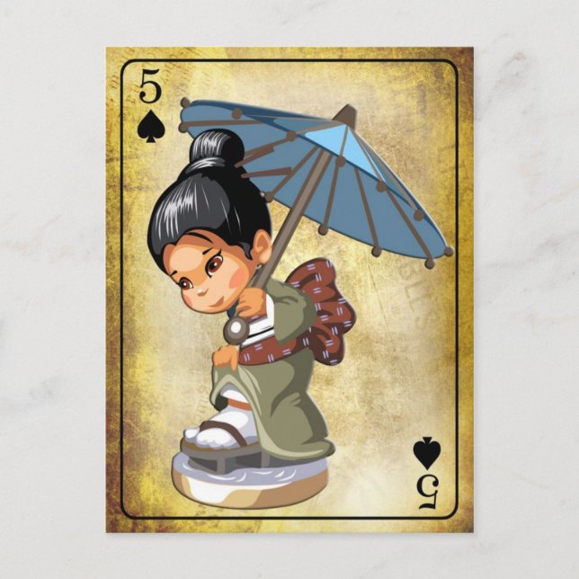 Postal Chica japonesa en kimono inspeccionando su calzado (Anverso)