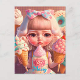 Postal Chica kawaii linda con helados