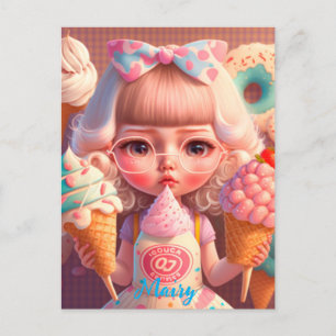 Postal Chica kawaii linda con helados  