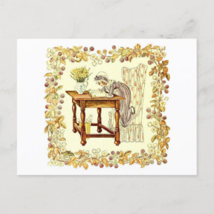 Postal Chica leyendo con daffodils