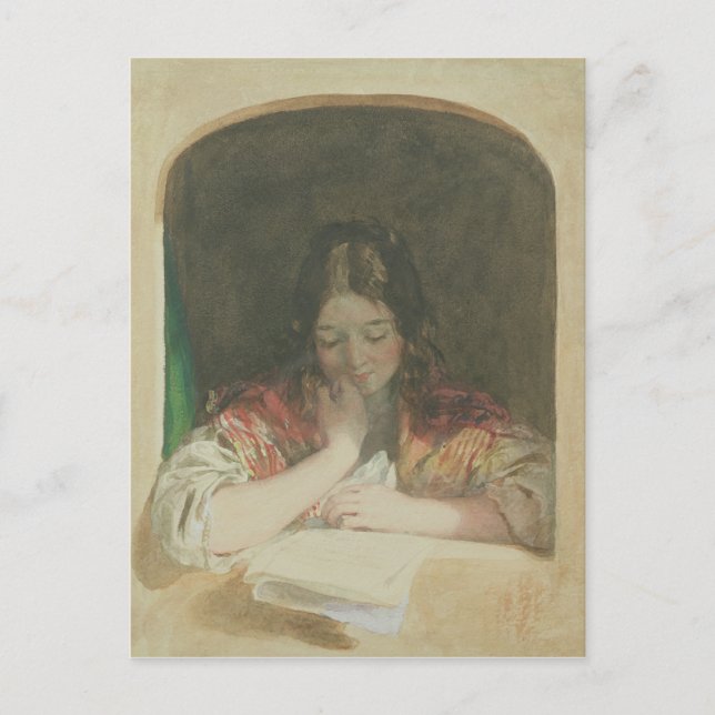 Postal Chica leyendo en una ventana del siglo XIX (Anverso)