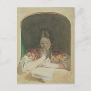 Postal Chica leyendo en una ventana del siglo XIX