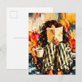 Postal Chica leyendo libro pintura artística acogedora