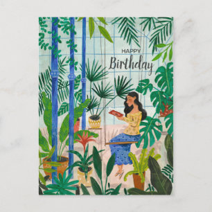 Postal Chica leyendo plantas de invernadero azul conscien