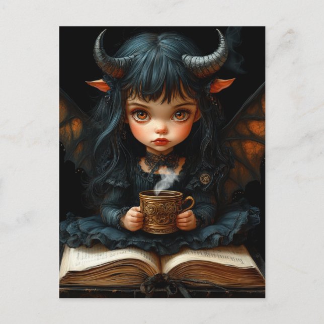 Postal Chica linda con cuernos y alas lee con café (Anverso)