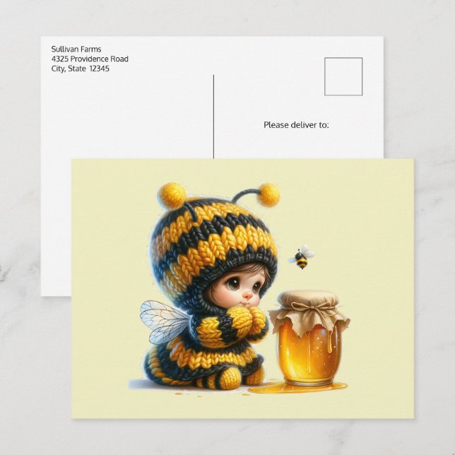 Postal Chica linda con traje de abeja y miel (Anverso / Reverso)