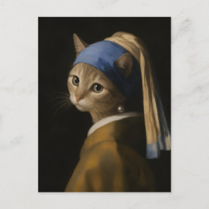 Postal Chica Linda con un Gato de Arete de Perla Arte