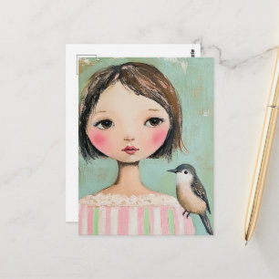 Postal Chica Linda Con un Pájaro en su Hombro