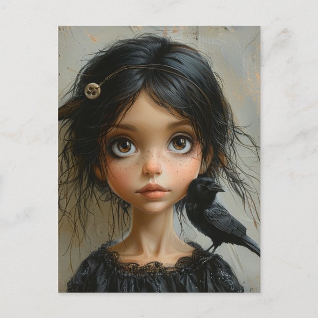 Postal Chica linda con un pájaro negro (Anverso)