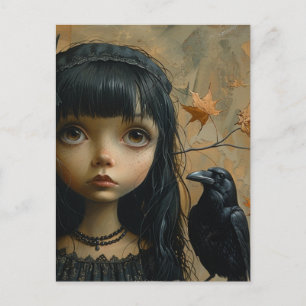 Postal Chica linda con un pájaro negro