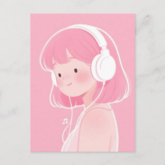 Postal Chica Linda de Cabello Rosa Escuchando Música