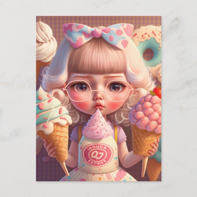 Postal Chica linda Kawaii con helados   (Anverso)