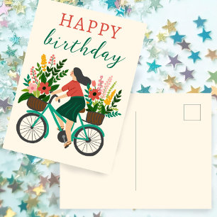Postal Chica Linda Montando Bicicleta con Flores Feliz Cu