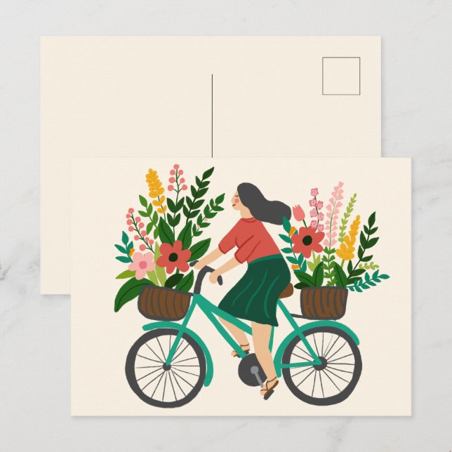 Postal Chica Linda Montando Bicicleta con Flores Personal (Anverso / Reverso)